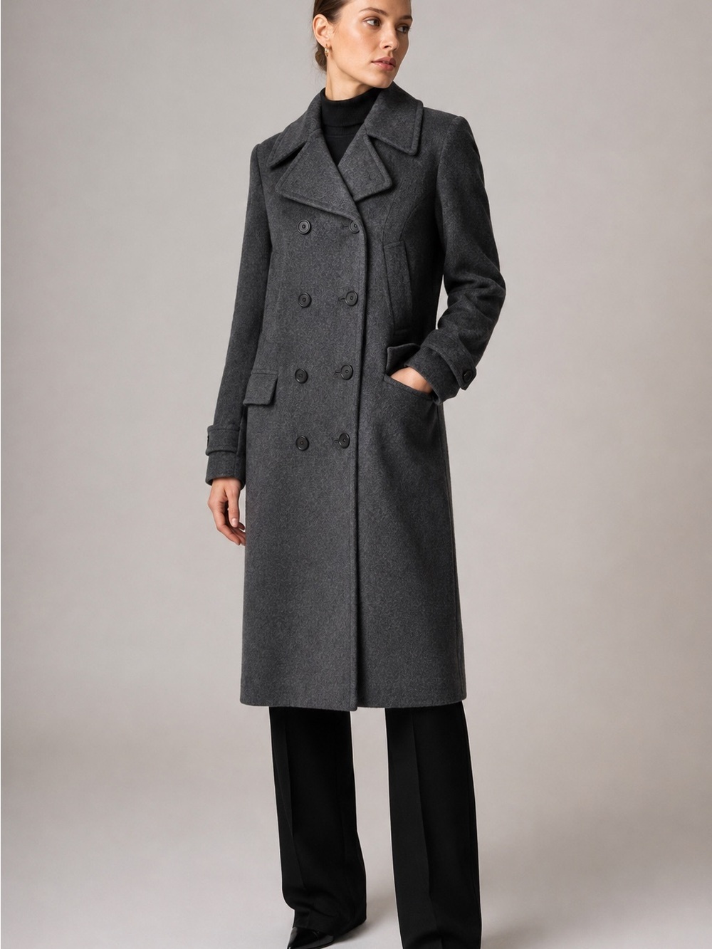 Theory Bolton Virgin Wool Double Breasted Long Coat Charcoal Large